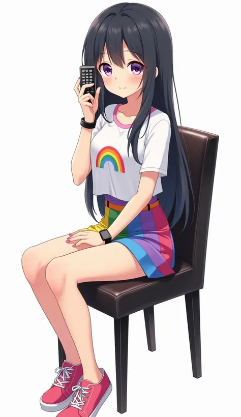 Japanese teenage anime woman with long black hair and purple eyes and with pink nails and wearing a white t-shirt, short sleeves with a rainbow logo in the middle of her chest and with bare shoulder and with a black watch, and she wears a horizontal rainbo...