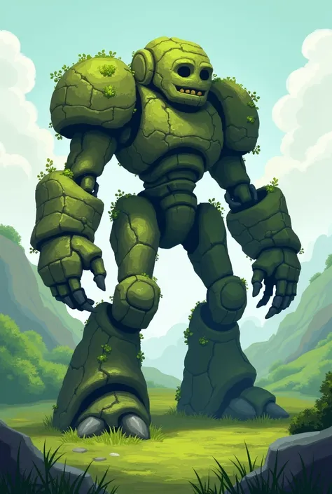 Draw a mossy golem made of stones on a grassland with dot game graphics