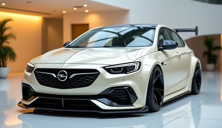 "A highly detailed side view of a modified 2025 Opel Insignia, showcasing its aggressive, sporty stance with a lowered front bumper. The car is painted in a glossy cream color, reflecting soft ambient lighting, which highlights its smooth curves and modern...