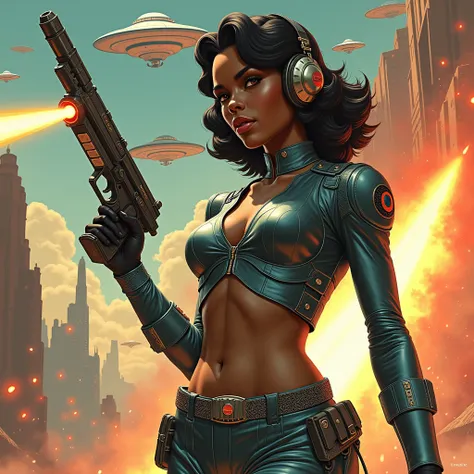 1940s pop art。Attack of the Flying Saucers 。beautiful black female officer。(((Jet Black Skin)))。earth defense force。 metallic uniform with a visible navel while holding a laser gun。 retro future of advanced vehiclesなレーザーガンを構えている。Jet Black Skin。 retro futur...