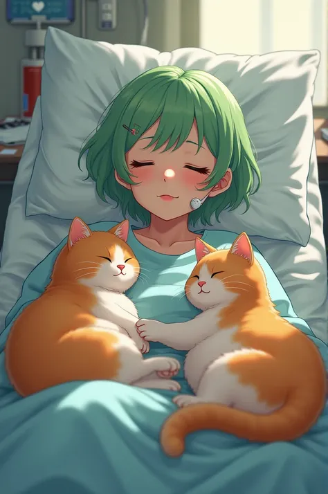 A woman wearing a patient gown, with short green hair, lying on a bed with salt water lines on her arms, sleeping with two warm obese cats.