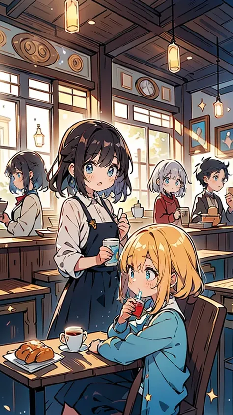 “Depict a cozy, relaxing moment where the six heroes are gathered at a small, modern café after school. They are in their casual clothing, laughing and enjoying coffee, tea, and pastries, temporarily forgetting their battles. The warm lighting from the caf...