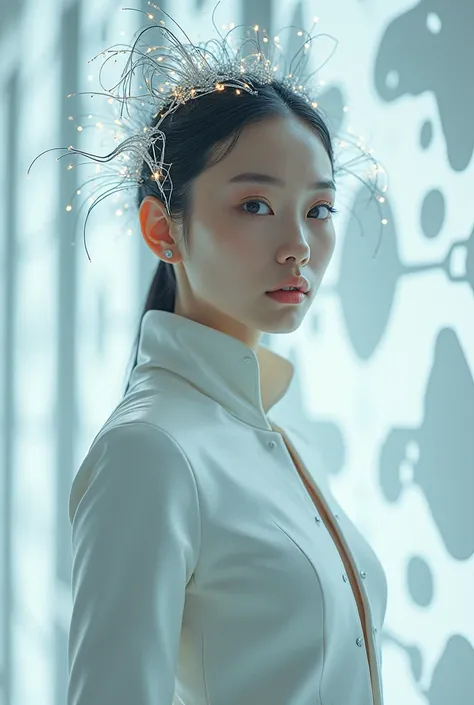 A young East Asian woman, exuding an enigmatic, otherworldly presence, stands at the center of an avant-garde high fashion photoshoot. She is wearing a futuristic white ensemble—an architectural masterpiece of sharp lines and organic curves. The fabric app...