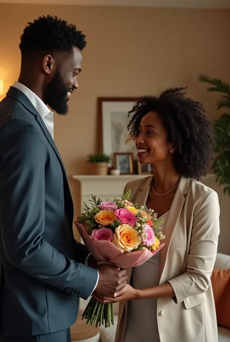 A black man of about 40 years of age delivering flora to a black woman of about 38 years of age