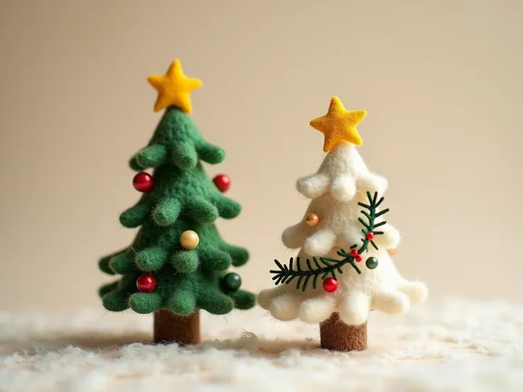 圖片中有二顆羊毛氈做的小聖誕樹, background is a small Christmas tree made of two woolen felt in the picture ,Photographic light 