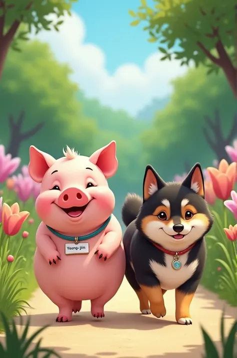 There is a pink pig with a name tag named Yeong-jin who is walking a black and tan Shiba dog.