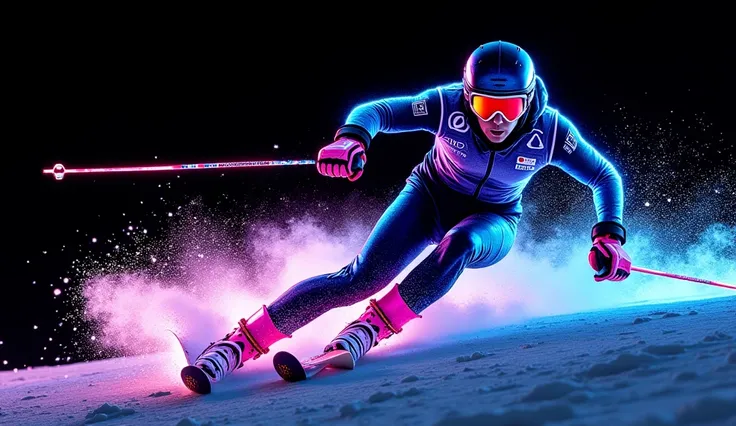  pointillism style art created with powder snow , Dynamic shot, ( slender male athlete ,  Im skiing,  tight ski wear ,  thrilling attack and defense , sharp turn ,  heavy snow splash soaring from the edge of a ski,  sprint race finals ),  show with only th...