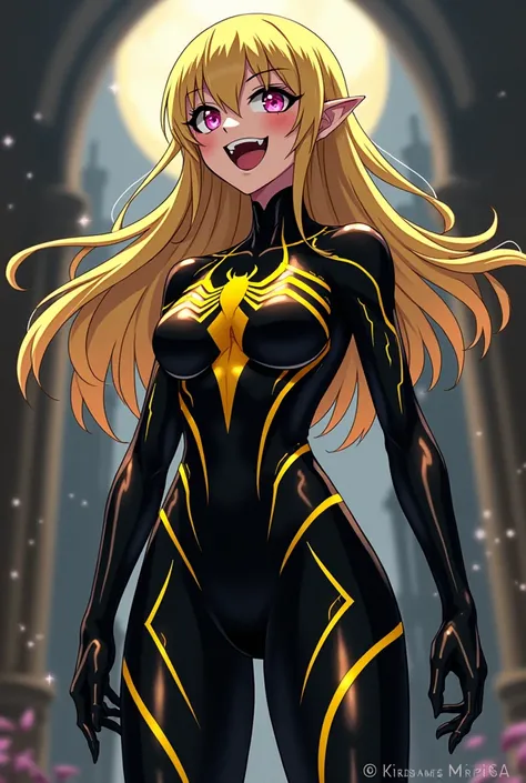 Kirisame Marisa, wearing an anime-style Venom suit, drowns in the power she has gained and has a smile on her face、Posing、 She rules everything in this world 、The bodysuit has a pattern that looks like a yellow Spider-Man、She becomes complete evil 、She bec...