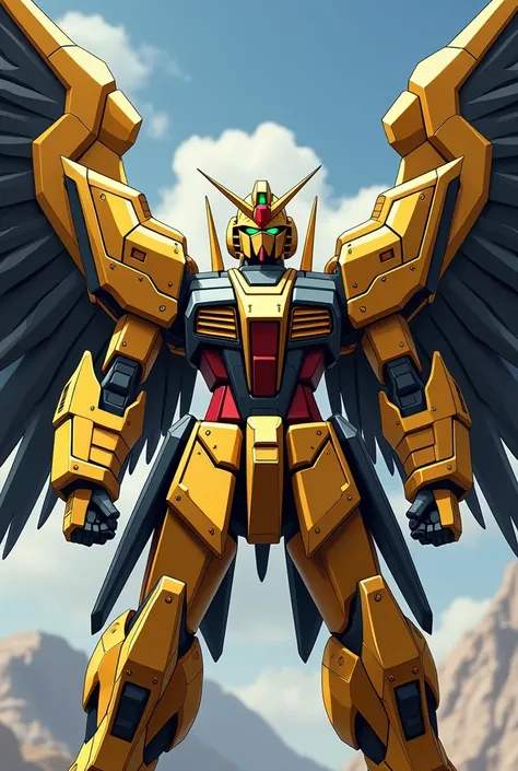 The robot in the Chinese anime Gundam has magnificent golden black wings.