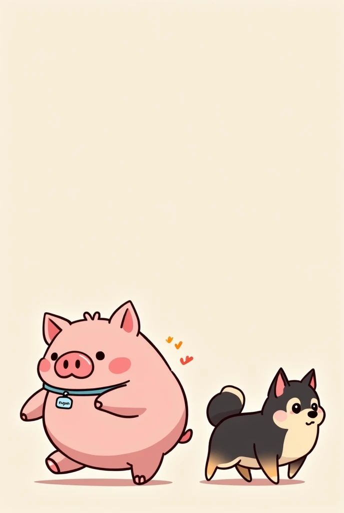 There is a pink pig with a name tag named Myeong-jin who is walking a black and tan Shiba dog.