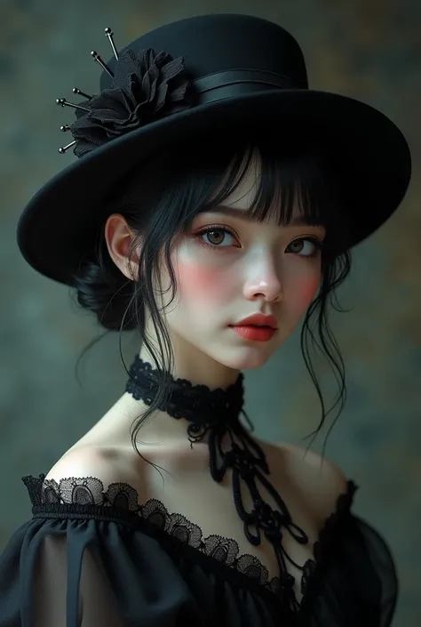 Pretty teen women with bun hair with goth hat, face to the side, romantic gothic dress style, goth background