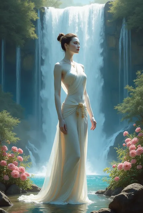 Beautiful Ancient Thai Goddess Oil Painting, White Skin, Aurora Standing Under Waterfall, Behind Flowers, Fine Background, High Detail100k