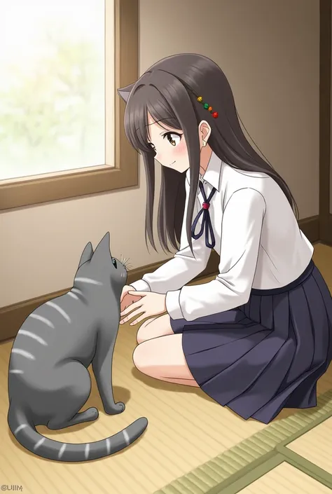  schoolgirl with a gray cat with white stripes 