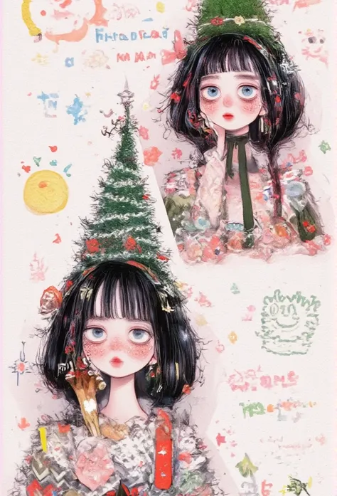        Christmas tree on her head, 指は５本、The Little Match Girl、Beautiful girl, Lovely adorable girl, beautiful logo on the back of the tarot card in the center of the white background， with a female eye ，The pupils are green，Reflects the dark forest ， with ...