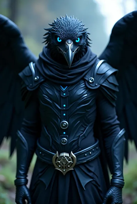 anthropomorphic creature with wings close-up full-length, man with raven head, looking into camera at viewers, raven angel body, raven with bright blue eyes, with black wings, contrast skin, high quality, hyperrealistic, standing raven man, gothic boy, maj...