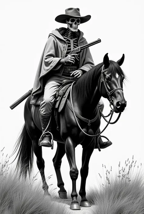 Skeleton with a poncho leaning on a pistol like an outlaw in the territory, with his black horse in black and white engraving, details in the weapon