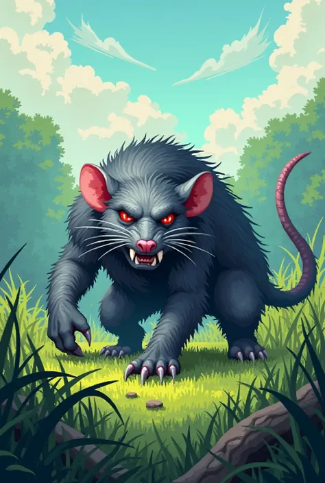 Draw the evil gray rat monster on the grassland with 32-bit dot game graphics