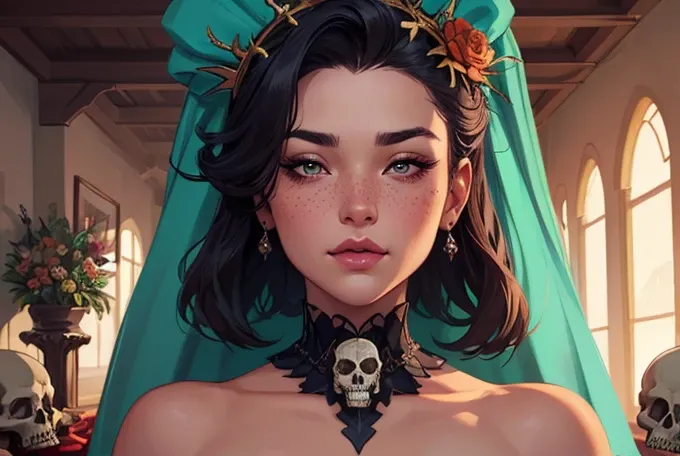  a naked woman with her hands tied with a large gift bow with various presents around her , E enfeites de Natal com as duas mãos atadas a close up of a woman with freckles on her face, lois van rossdraws, rossdraws portrait, alena aenami and artgerm, rossd...