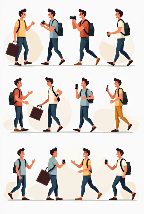 clipart of a man walking in different positions but same clothes , position like these: 
Young Man, with a bag 
He is taking photos  on sightseeing 
He is running and he is late 
He is in a conference and talking 
He has suitcase in one of them
He is walki...