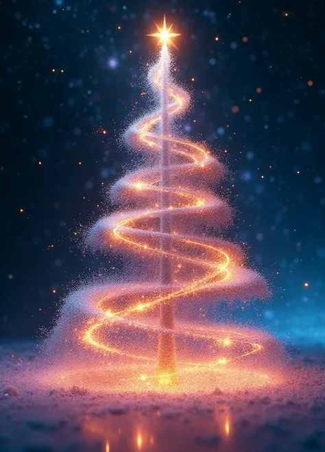 Bright colored stardust, rotating, unfolds and turns into a Christmas tree.