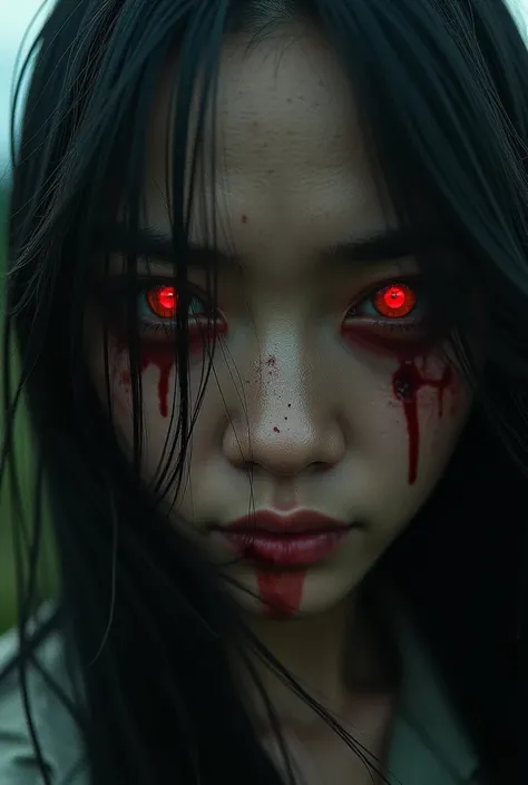 Close-up of Kuntilanak Hitams face full of wounds and her eyes burning red .  Her long hair moves as if blown by the wind even though the surrounding environment is silent.
 Photographic realistic image of 8k resolution  