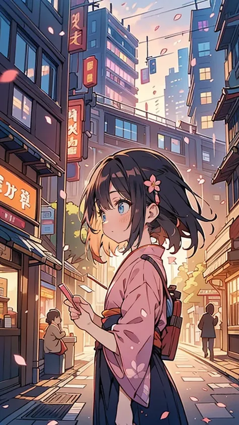 “Depict a modern Japanese cityscape at twilight. The sky is painted in shades of orange, pink, and purple, with the last rays of sunlight reflecting off glass skyscrapers. Below, the streets are bustling with people heading home, streetlights flickering to...