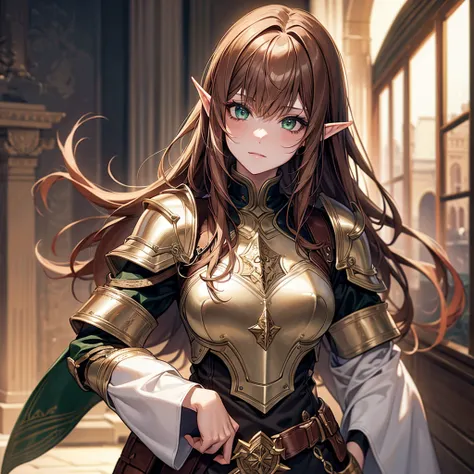 High quality, best detail, 4k, 1girl, Half elf, pale skins beautiful, green eyes brown hair, wearing leather armor