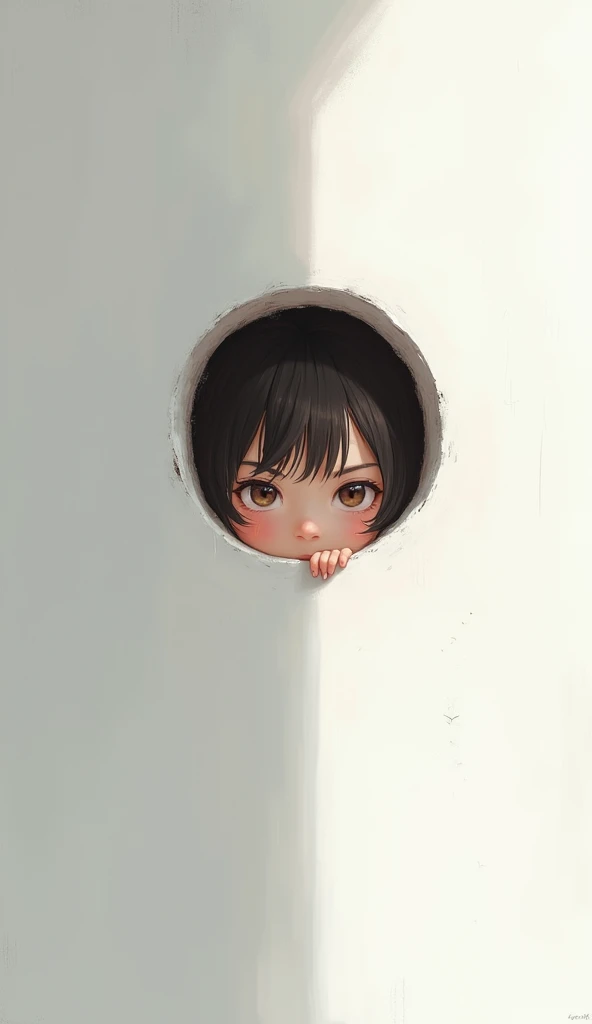  The girl is looking into the keyhole theres a small keyhole in the white wall，Im trying to look through a hole 