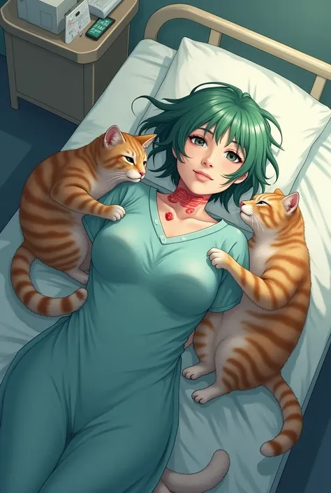 The woman, wearing a patient gown, with short green hair, lying on her side on a bunk bed, had wounds to her arms and neck like being assaulted, but was healed by two warm, fat-haired American cats.