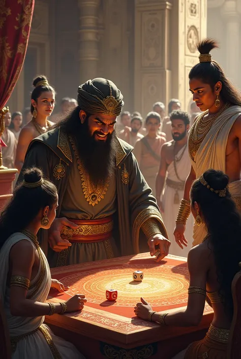 **Setting**: The grand royal court of Hastinapura, adorned with opulent decorations, intricate carvings on the pillars, and luxurious tapestries. The air is thick with tension and anticipation as courtiers and spectators gather to witness the fateful game....