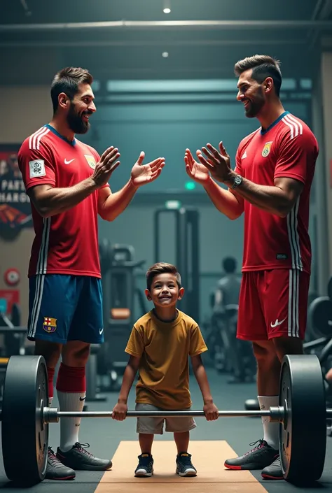 Lionel Messi and Cristiano Ronaldo clapping for a baby lifting weight in the gym