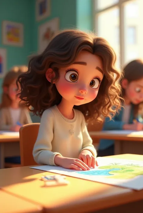 Dans une salle de classe d’art lumineuse et colorée, Elise ,  a 14-year-old girl with voluminous curly brown hair , est assise timidement à son bureau,  wearing a pastel white sweater . Son professeur d’art, avec une expression bienveillante,  looks at one...