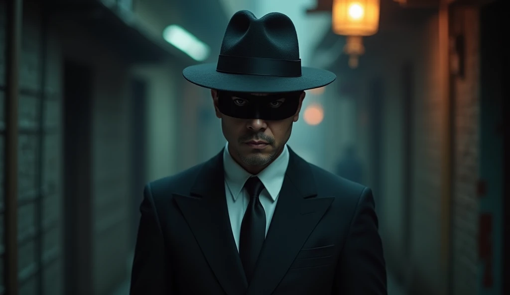 render a chinese man have with hat and look like a mafia and wear a mask