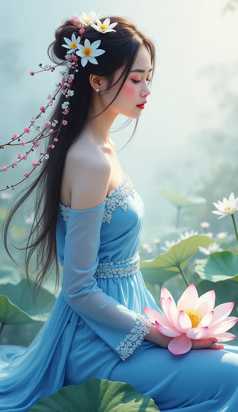  Oil painting Thai woman, very beautiful, sweetest, white, pink skin, wearing Koh Nang Ram, blue Thai dress, long hair fluttering red,  sitting facing side, white lotus flower with many long vine flowers flowing down to my hair, light blue watercolor backg...