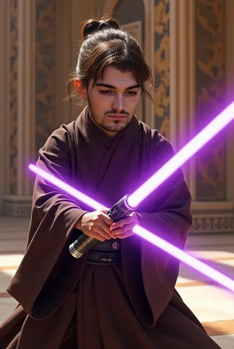 Make this man a young Jedi wearing dark-brown robes training with puple lightsaber in the Jedi temple