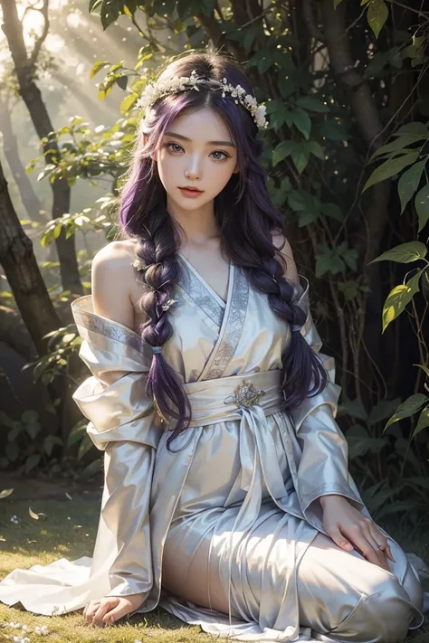 (original photo), 8K, a girl, an oriental goddess, with long silver-purple hair and blue eyes, wearing white silk Chinese robe, willow leaves Headband braided with small flowers, sitting on the grass in the forest, a large white fox faced her and sat next ...