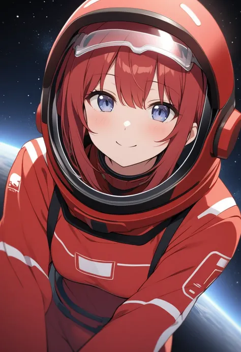 Among Us Red, 1 girl,  long red hair, red jumpsuit, smile, safety glasses, Space background, very delicate