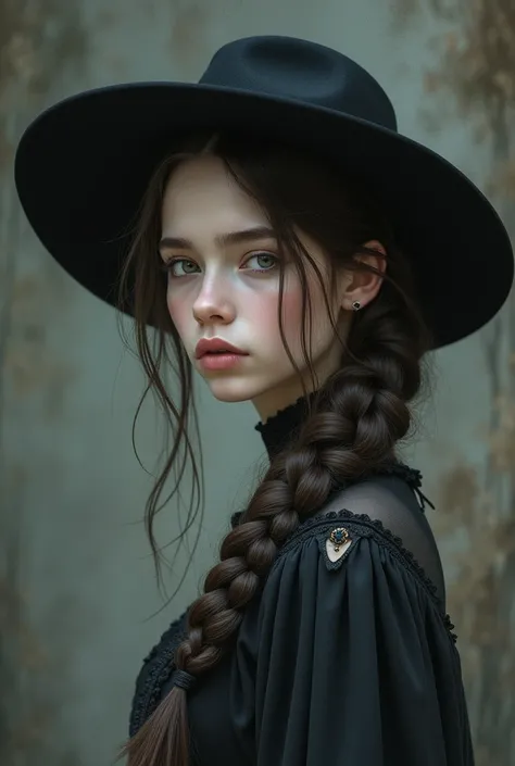 Pretty teen women with long fishtail braid hair, with goth hat, face to the side, black grey romantic goth dress style, goth background