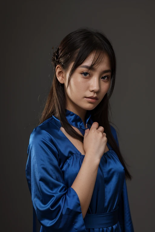 A portrait of the young girl from Kalmykia in the strong blue silk long dress