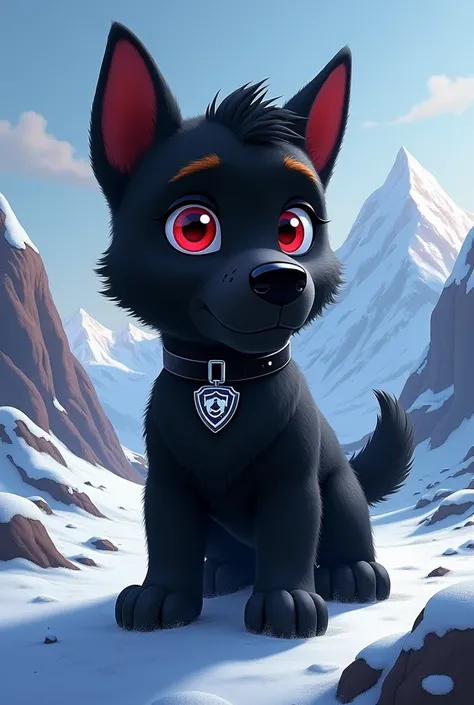   Everest by Paw Patrol paint the coat completely black return the image of the beginning with the hair completely black, Put the eyes red with the black iris increase the size of the puppy and on the collar plate use the emblem of the K9 forces and the la...