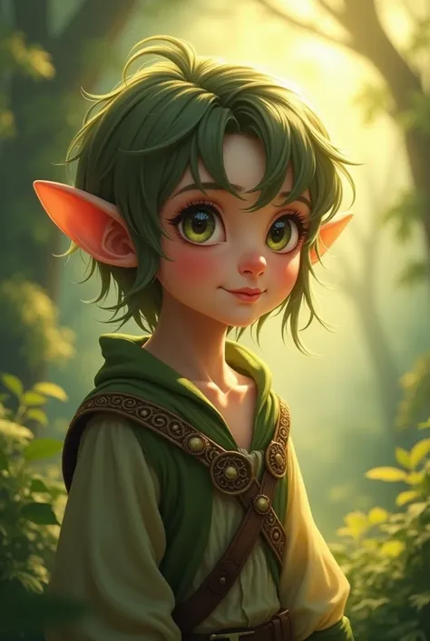  Could you create an image for me of an elf boy whose colors are in shades of green, He has semi-long hair and greenish brown clothing ?
