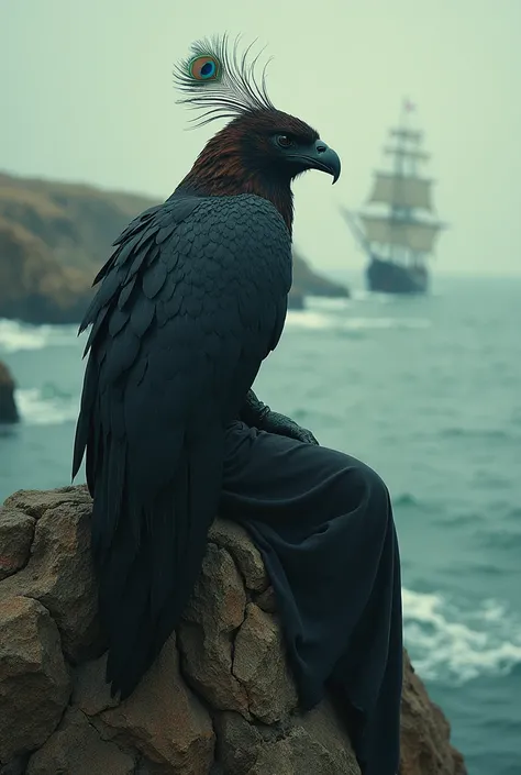 Mysterious anthropomorphic creature eagle-headed singer, alone, peacock feather wing, Absurd aesthetics, Siren obsession, Let your beautiful voice ring out, BREAK Sitting on a cliff, watching the sailing ships, Pile of bones scene, gothic fantasy, ARW