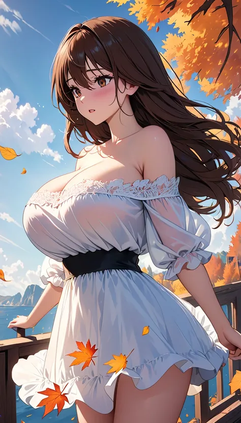 masterpiece:1.4,best-quality,top-quality,Super Detail,Very Delicate and Beautiful,animation,8k, (( My beautiful girlfriend )), gigantic breasts, off-shoulder, slender body, orgasm, beautiful brown eyes, in autumn