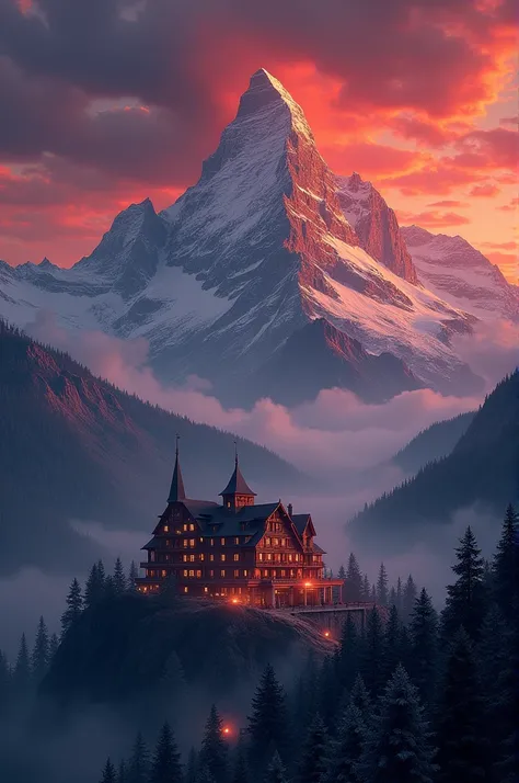 Red sky,night,hotel , monuntain