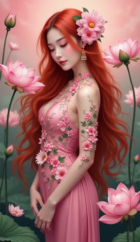  Oil painting Thai woman is very beautiful, the sweetest, wearing a Thai pink Thai dress with red flowing hair, long flowing red hair, standing with a lotus flower with a long white lotus bud, many thousands of flowers on the body, up to the hair, beautifu...