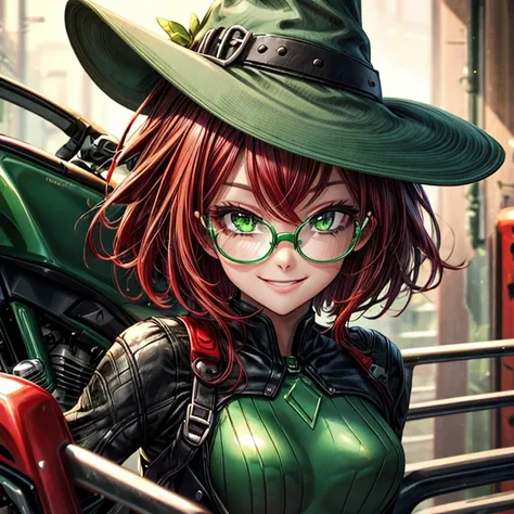 Short,  red hair ,  green eyes ,  metal-framed glasses ,  green witch hat , green bodysuit , smiling girl on a motorcycle.