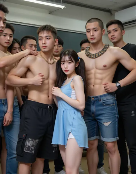 (NSFW), dynamic,
realistic, Press photo, Documentary Technique, Very clear image,HDR,
(full body visible:1.5), 

1girl, 3guy,

A Korean beauty idol is captured by a korean gang and surrounded by men who look like theyre ruthless,
The girls are smaller than...