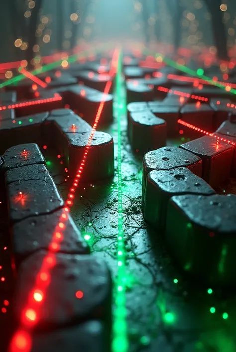  A futuristic Laserland labyrinth decorated with subtle Christmas lights and crossed lasers (predominant reds and greens ).  The scene has a slightly blurred effect at the top .