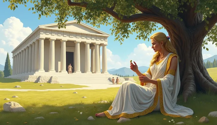  Help me draw a blonde white coat ， The goddess Athena with some gold decorations on the clothes ，She was sitting under the olive tree ，Holding an olive in his hand， behind it was all grass ， and on the big grass there was a white and spectacular Greek tem...