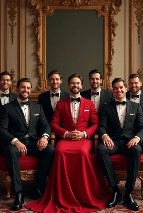 7 male with smiling face royal friends sitting on chairs wearing black dresses but the front person wearing red dress